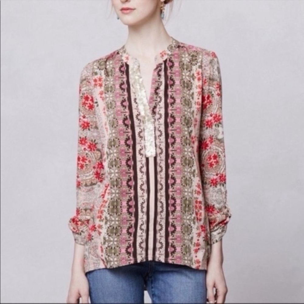 Anthropologie Tiny Devas Popover Floral Sequin Mixed Material Pink Size XS (105)
